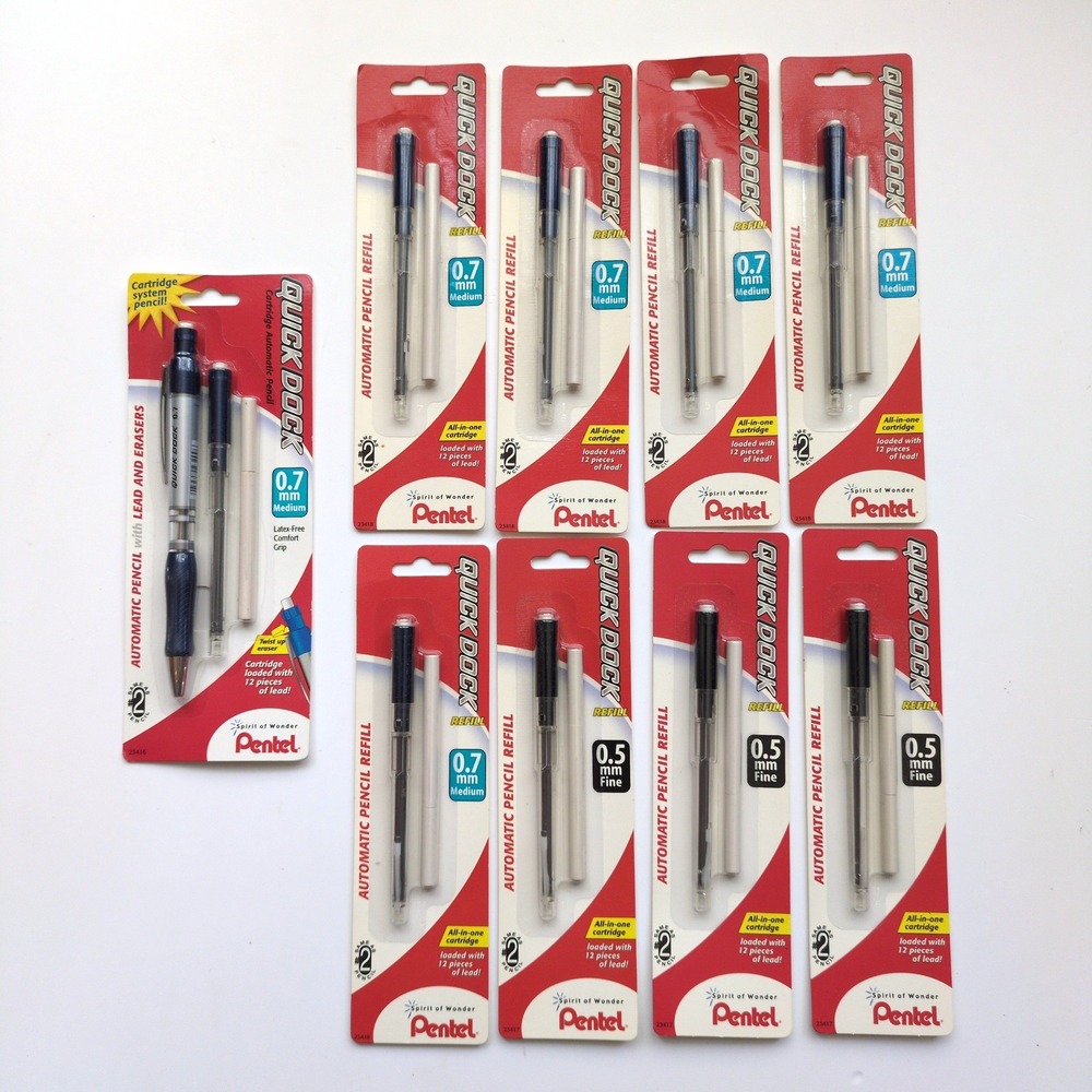 NEW Pentel Quick Dock Mechanical Pencil & 8 Refill Cartridges‎ 0.7mm 0.5mm Lead